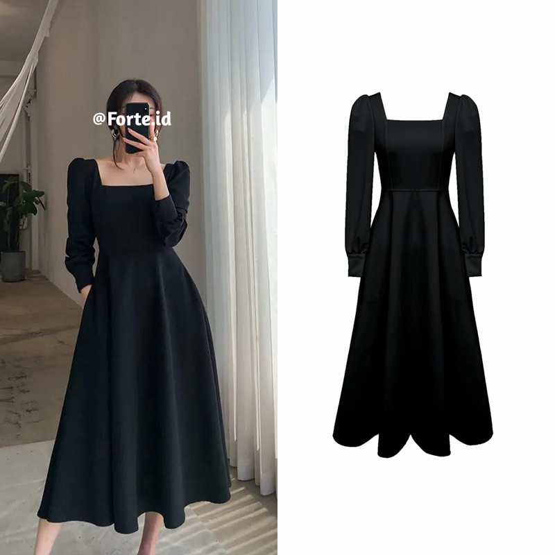 Dress Maxi A-line Guan Lengan Panjang Hitam Fashion Wanita Korean Retro Style