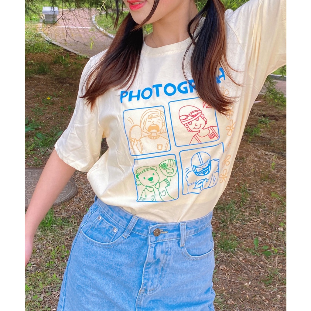 EUNII T-shirt Lengan Pendek Imut Kartun Pencetakan Longgar Korean Style/Kaos Atasan Wanita/Baju Kaus Oversize Wanita