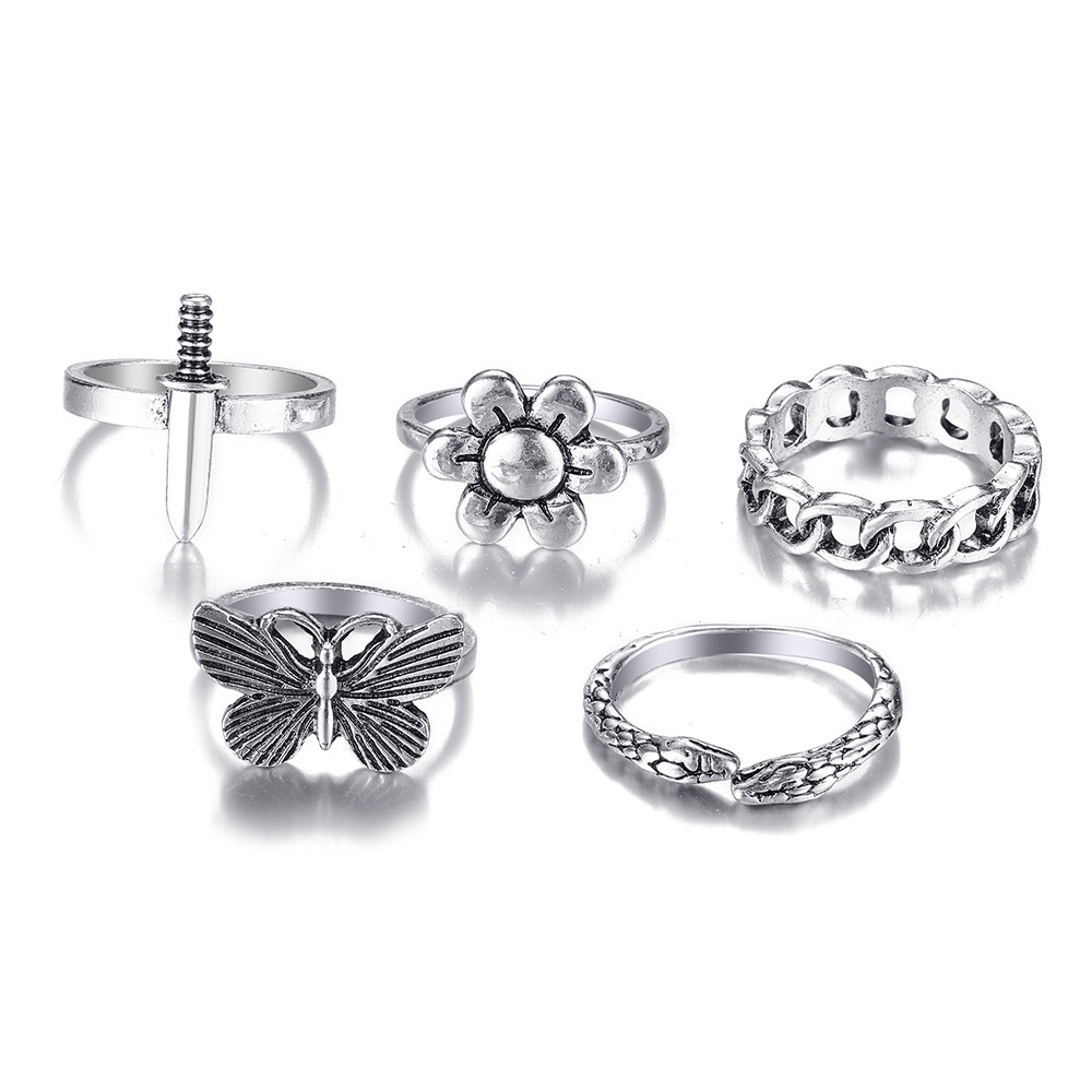 5Pcs/set New Retro Creative Simple Ladies Jewelry Dark Atmosphere Butterfly Dagger Snake Rings