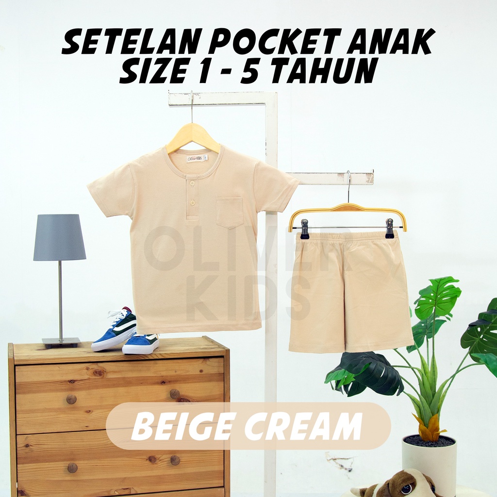 OliverKids Setelan Anak 1-5 Tahun Setelan Kiano Pocket Anak Celana Jogger Dan Baju Anak Polos Katun Combed One Set Henley Tee Setelan Pantai Anak-pocket light cream