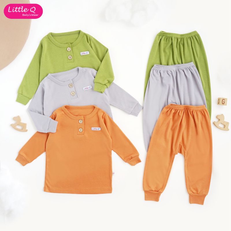 LITTLE Q 3 PASANG PIYAMA BAYI LENGAN PANJANG KANCING DADA UKURAN NB S M L XL SNI SUPER QUALITY