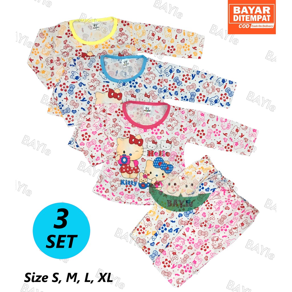 BAYIe - 3 SET Setelan Baju Bayi/Anak Perempuan Panjang+Celana Panjang Motif KITTY umur 0-4 thn HOOKA