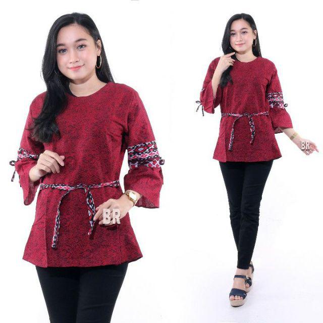 Batik Couple keluarga Maura Couple Sania Ruffle Ori Ndoro Jowi dnt Termurah motif mega mendung merah-BLUSE