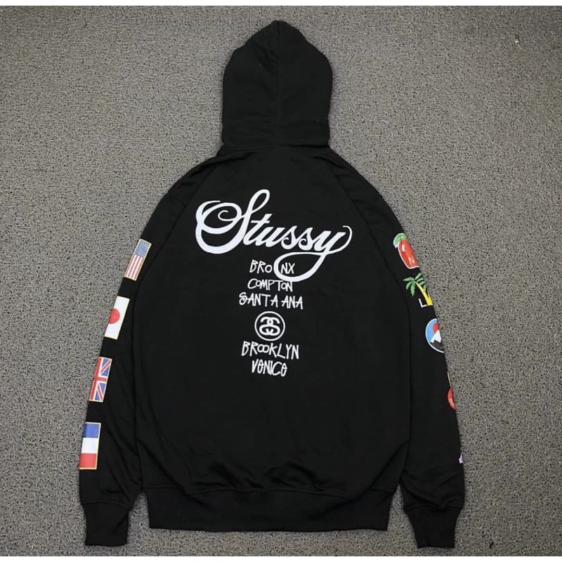 jaket / hoodie / stussy world wide tour flags hitam authentic