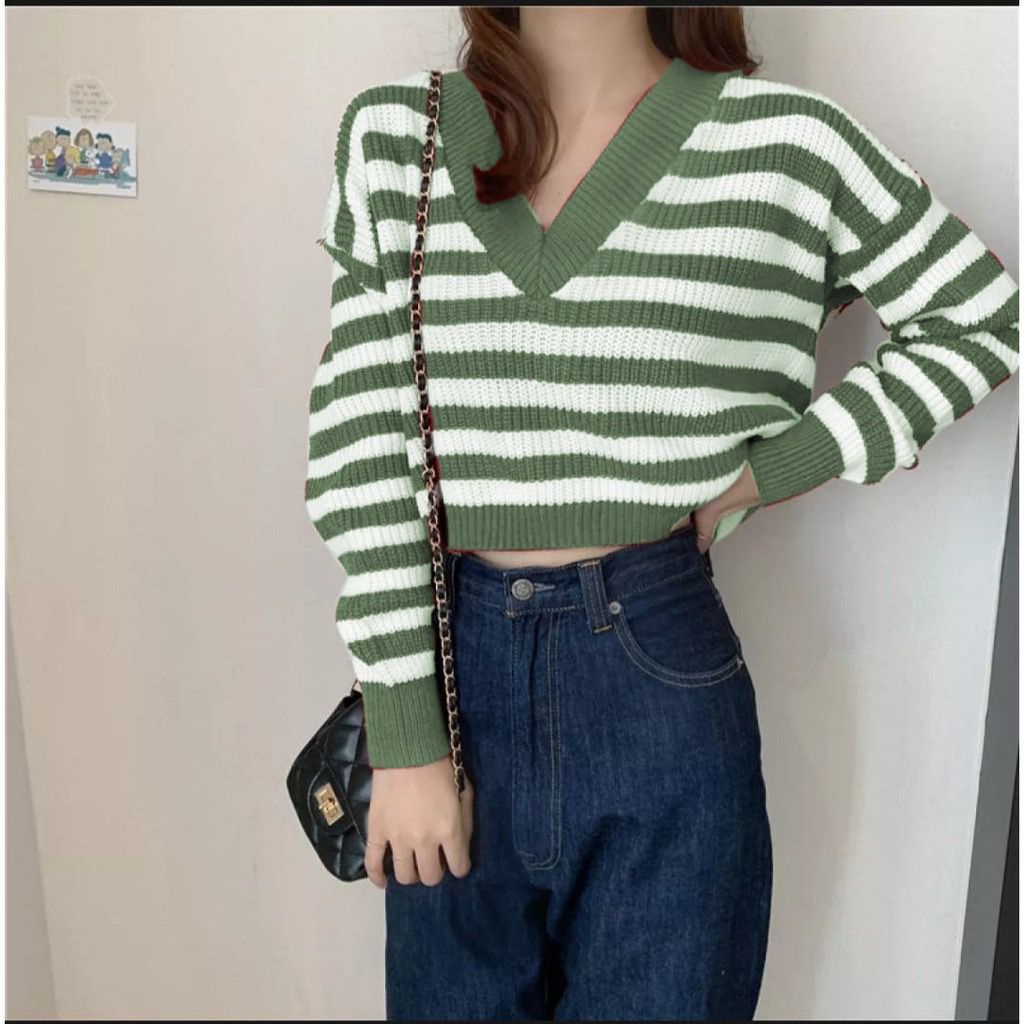 Belleza Outlet baju rajut Cardigan rajut atasan wanita Natalia Stripe