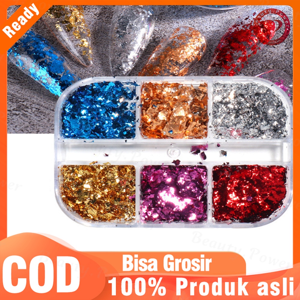 6 Grid/Kotak Manikur Foil Stiker Kreatif Menggemaskan Tekstur Mengkilap Hiasan Kuku Stiker Partikel Foil Nail Art DIY