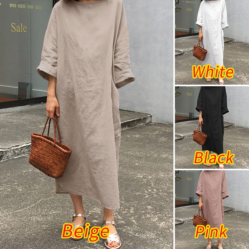 ZANZEA Women Vintgae Short Sleeve Solid Color Loose Long Dress