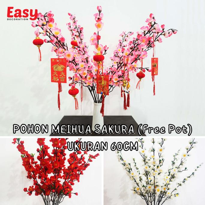 Pohon Meihua Imlek Bunga Sakura Pohon Angpao Hias Tinggi 60cm