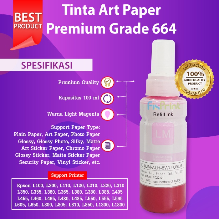 Tinta Art Paper 100ml Artpaper Epson L120 L121 L555 L565 L800 L805 L810 Black Cyan Magenta Yellow