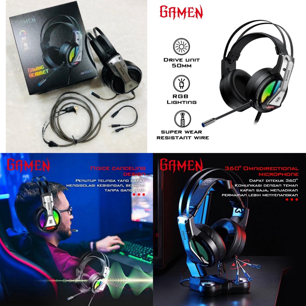 PROMO GAMEN GH1500 3.5mm Audio Jack Input Noise cancellation RGB LED Light Braided Wire Gaming Headphone Earphone Headset Original