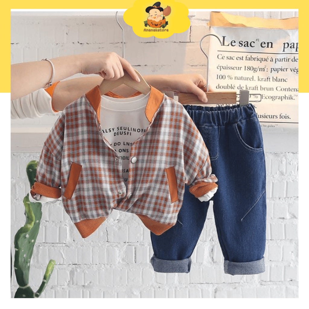 ANANAKSTORE- Baju setelan panjang anak laki laki impor premium 0-4 Tahun MOTIF KOTAK CARAMEL 3in1 Lucu