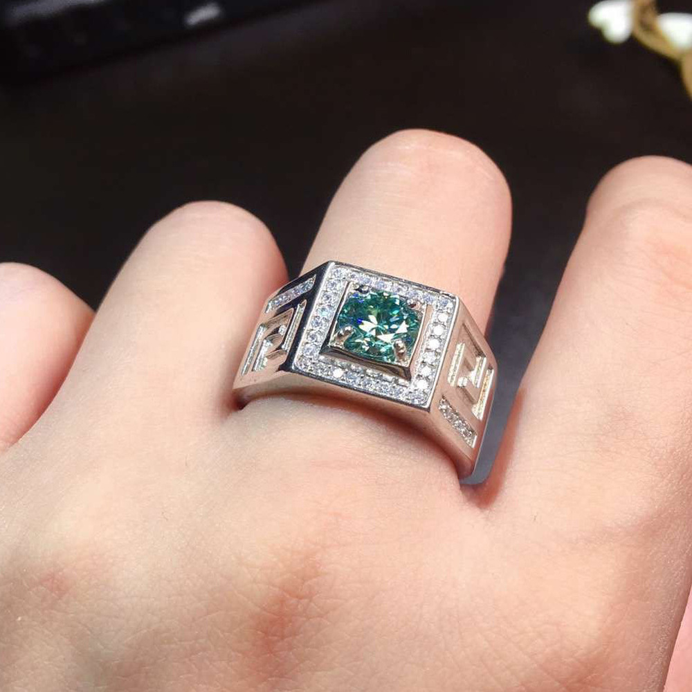 Cincin Kawin Mewah Berlian Hijau Emas Putih Pria Fashion Perhiasan Kristal Baja Titanium Perak Rings