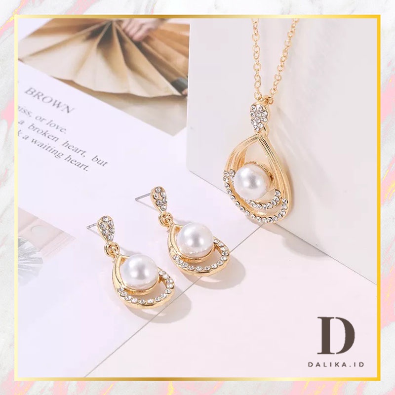 Set Kalung Anting Mutiara Wanita Korea Model Tetesan Air Fashion Aksesoris Dalika