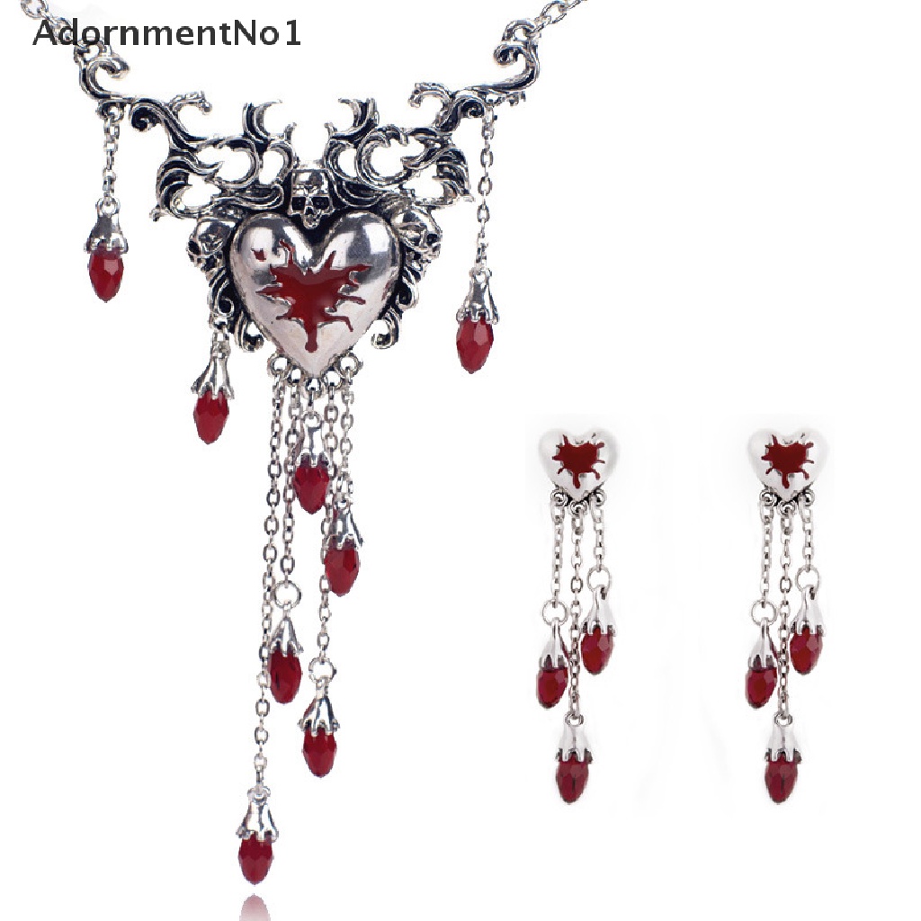 (AdornmentNo1) Kalung Rantai Dengan Liontin Hati + Tengkorak + Rumbai Merah Gaya Gothic Untuk Wanita