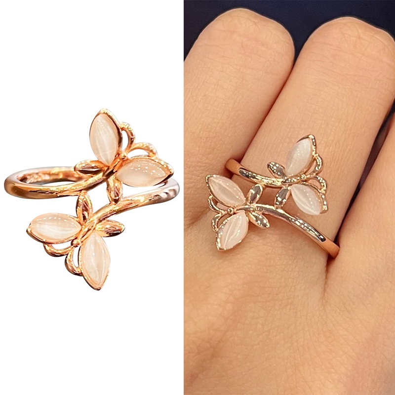 Fancyqube Cincin Jari Bentuk Kupu-Kupu Warna Rose Gold Untuk Aksesoris Pesta Pernikahan Wanita