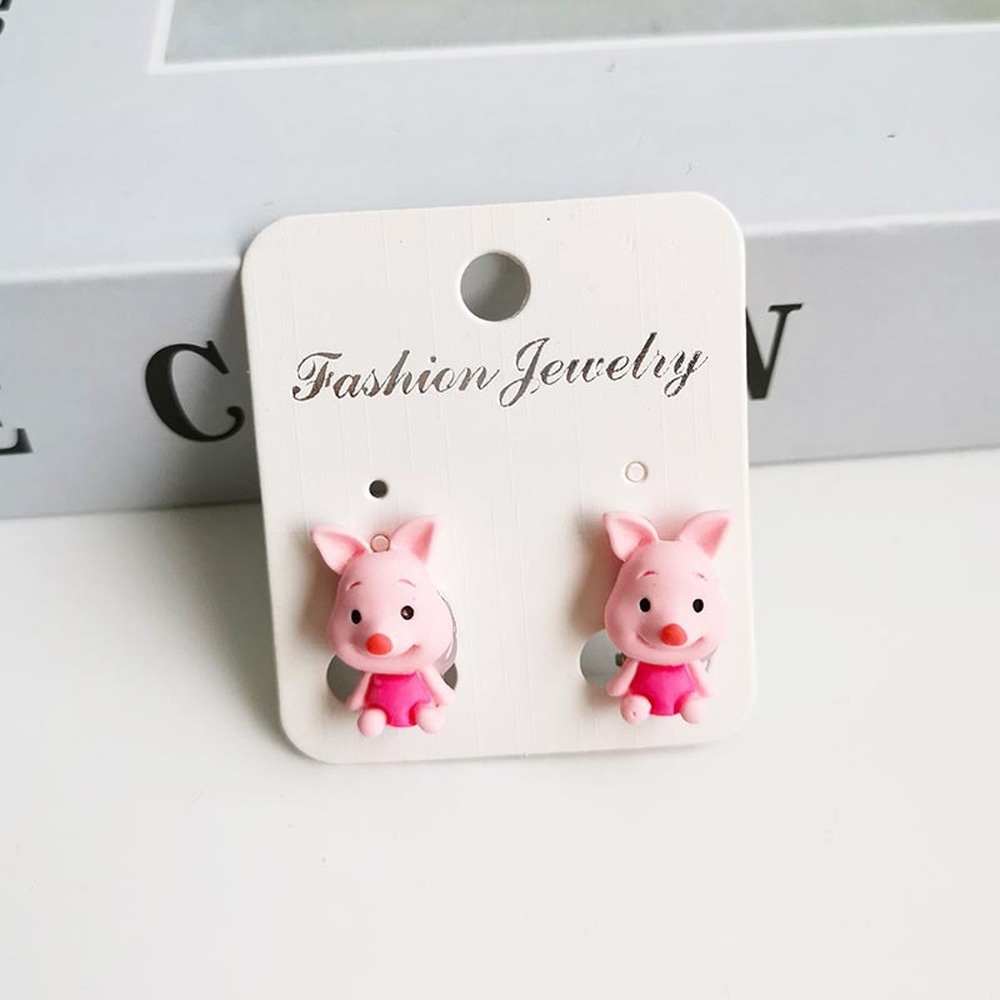 Anting Klip Tanpa Tindik Desain Kartun Beruang / Kelinci / Babi Warna Pink Untuk Anak Perempuan