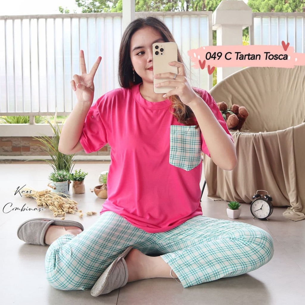 IZANY Piyama Dewasa CP Oblong Kaos Celana Panjang Rayon Fit to XL-049 C TARTAN TOSCA