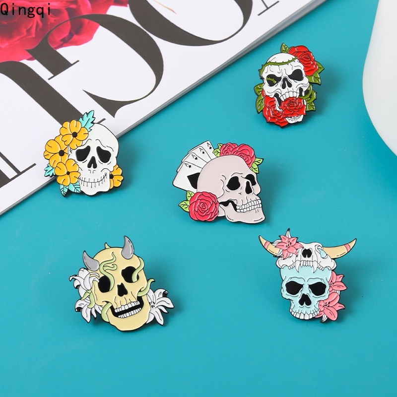Bros Pin Enamel Bentuk Tengkorak Mawar Warna-Warni Gaya Gothic Untuk Anak