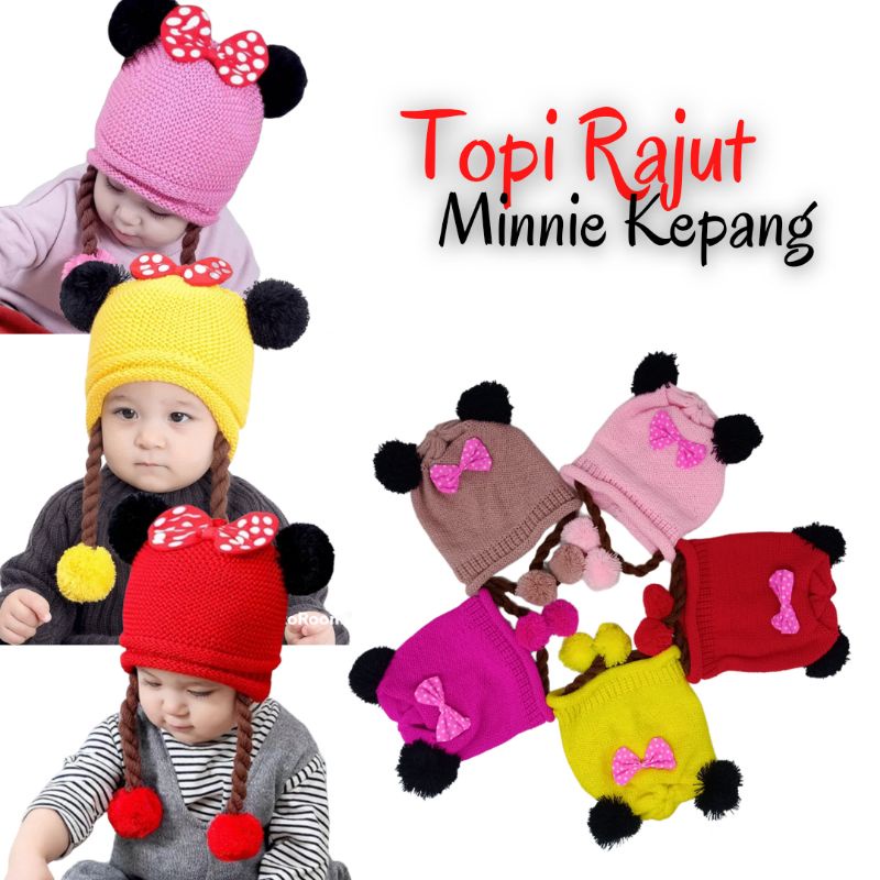 Topi Kupluk Bayi Perempuan Rajut Minnie Rambut Kepang Lucu | Topi Bayi Rajut Kepang Anak Perempuan