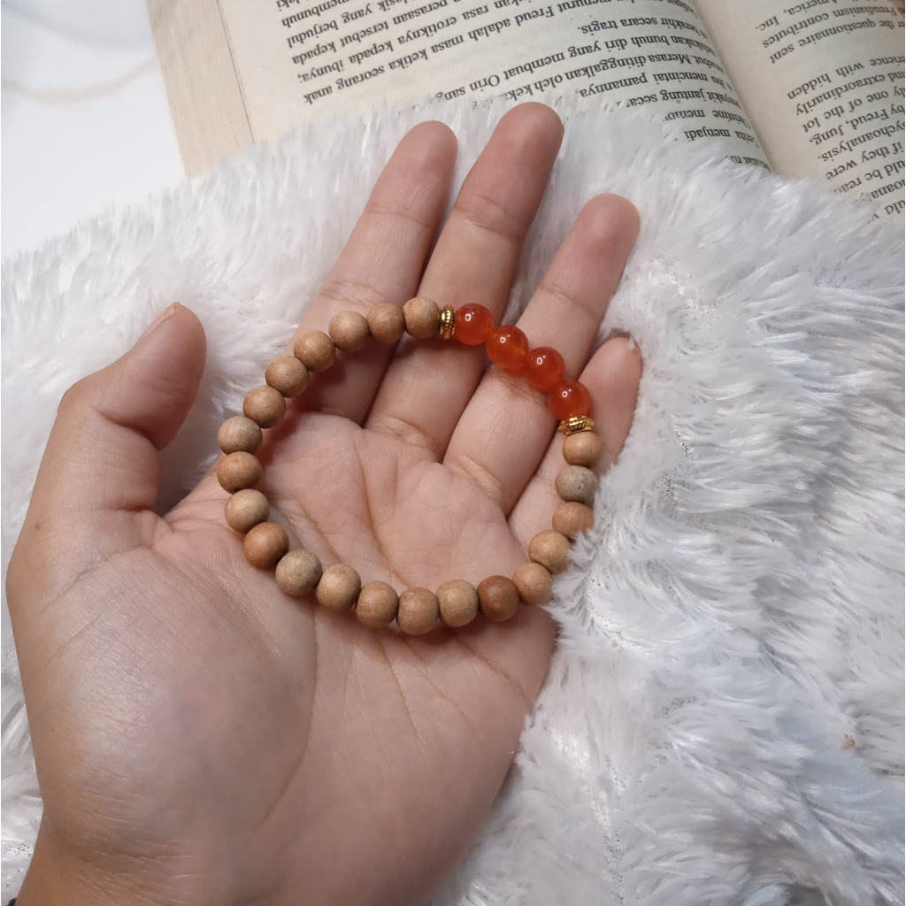 Gelang Batu Original Handmade Kayu Cendana Kombinasi Batu Alam Carnelian