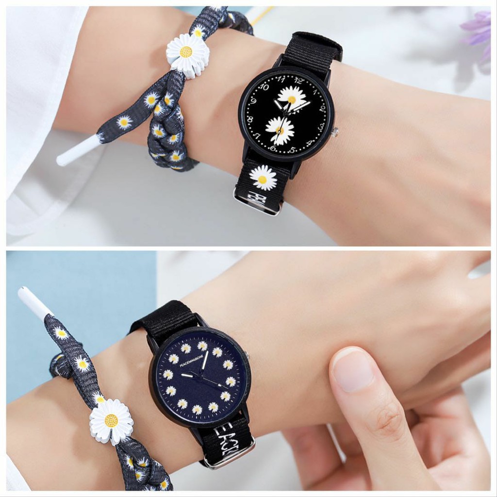 [COD] Watchyou JamTangan Wanita A0056 Gaya Korea Motif Bunga Daisy Strap Kanvas Untuk Pasangan