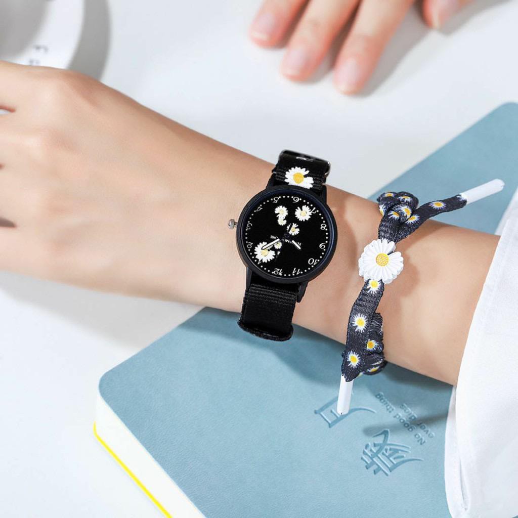 Jam Tangan Wanita Bunga Quartz Analog Motif Bunga Daisy Bahan Nilon Kanvas Women Watch Couple Pria JT002-HITAM BUNGA 4
