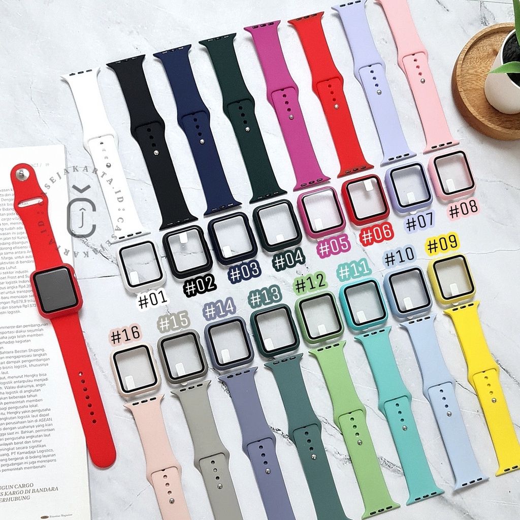 ( TANPA JAM ) &quot; FULLSET 2 IN 1 &quot; TALI STRAP APPLE WATCH BASIC + TEMPERED GLASS CASE COVER - SERI 1 2 3 4 5 6 7 8 SE ULTRA | SIZE 38mm 40mm 41mm 42mm 44mm 45mm 49mm | sport band iwatch full color rubber silicone