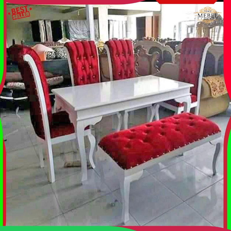 Set Kursi Meja Makan Mewah Cat Duco Putih Jok Bludru Set Kursi Meja mebel jepara
