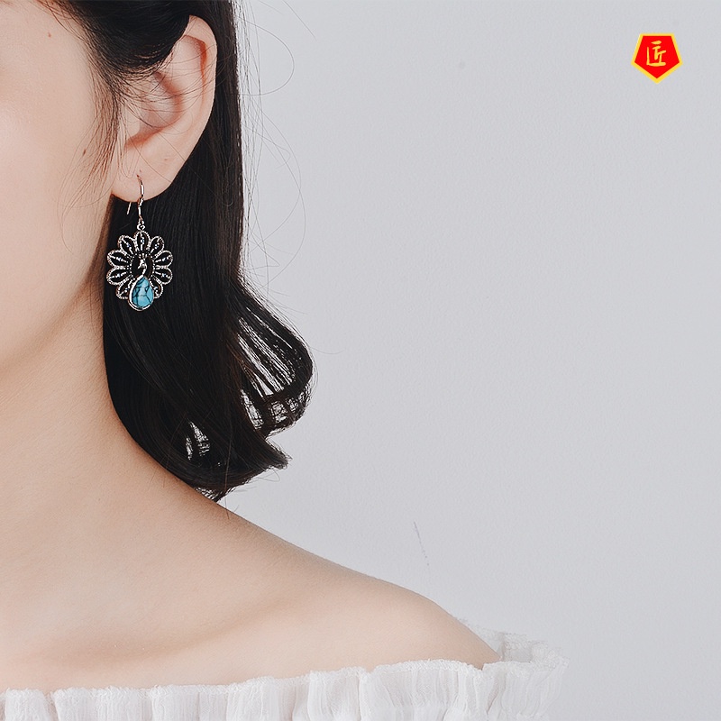 [Ready Stock]Creative Personality Peacock Turquoise Earrings Exaggerated