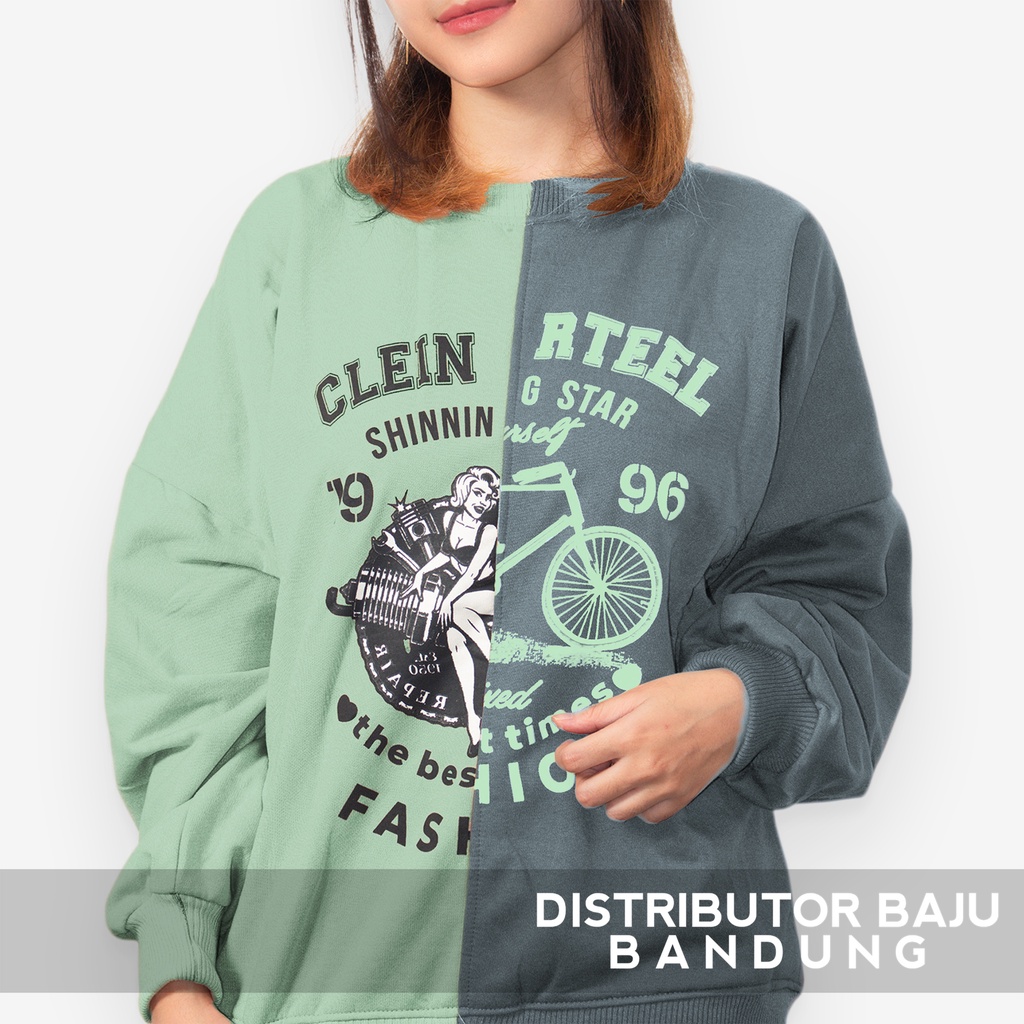Sweater Crewneck Clein Rteel Combination Color | Teen Shining Korean Style Sweatshirt Oblong Terbaru | Bahan Fleece Tebal Dan Lembut | Allsize-Mint Denim