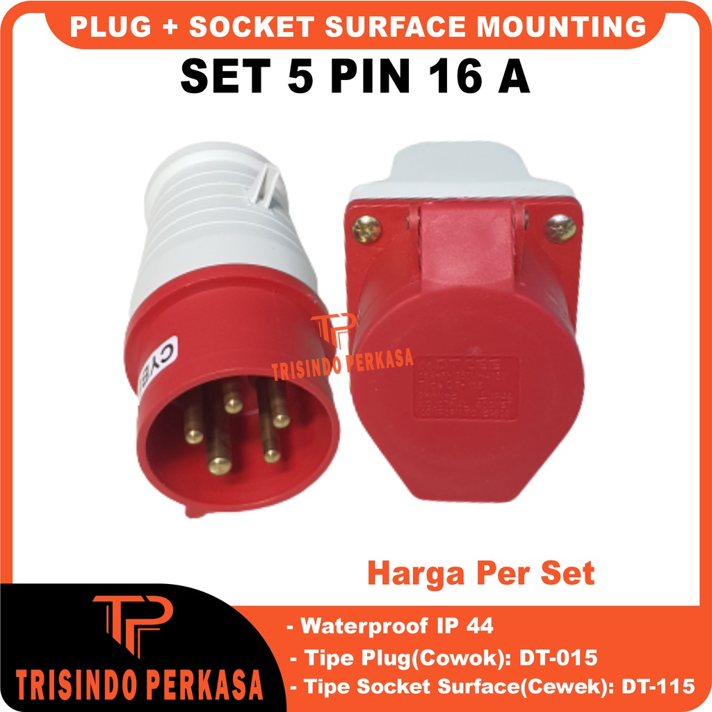 Plug Steker Socket industri/Industry Surface Mounting 5 Pin 5P 16A (015+115) IP44 5 Kaki 5Kaki 16 Ampere