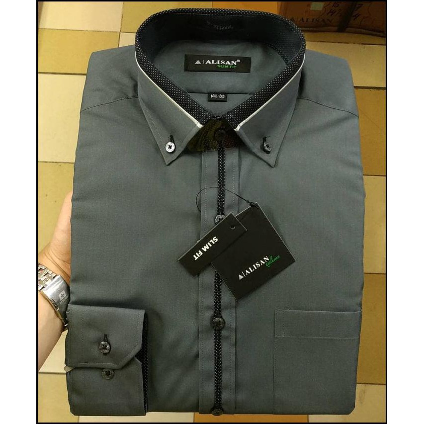 KEMEJA PRIA ALISAN SLIMFIT PANJANG MERAH MAROON ABU TUA LIST TENGAH - MAROON, S