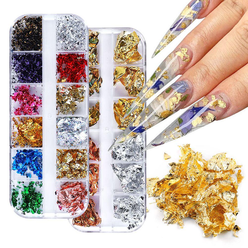 PREVA 12Grid Nail Gold Foil Hot DIY Gold Glitter Flakes Irregular