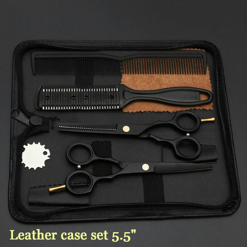 Gunting Rambut Profesional Barber Scissor 5.5 Inch 2 Pcs With Razor Comb 440c Black