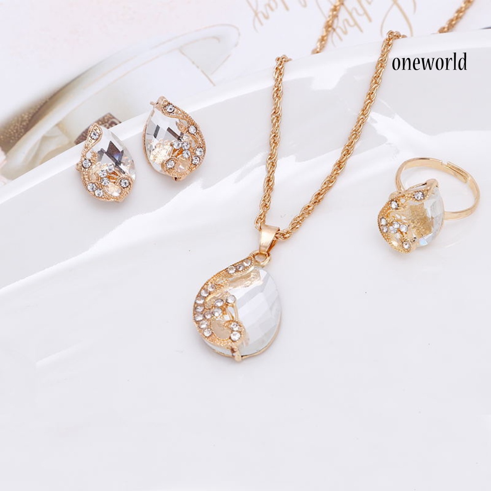 OW@ Women Jewelry Set Shiny Water-Drop Shape Rhinestone Necklace Earrings Ring Gift