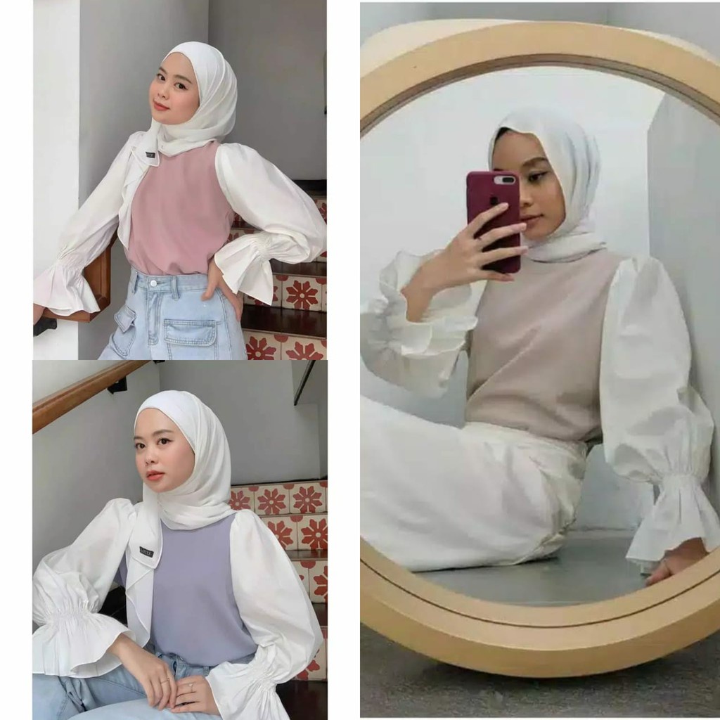 baju daily blouse blus bluse ootd outfit atasan wanita lengan balon karet kekinian modern terbaru ko