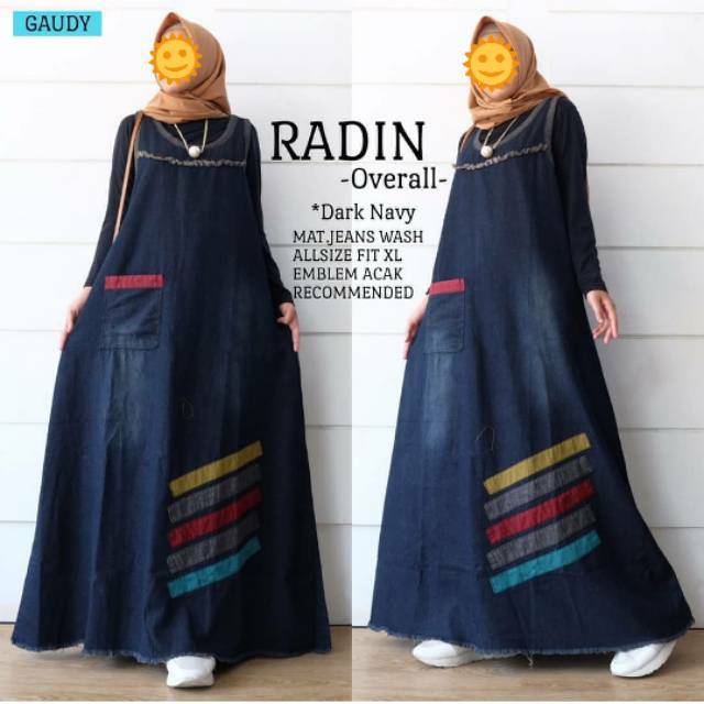 Baju Kodok Rok Panjang Jumbo Jeans Wash Overall Denim Wanita Muslim Dewasa Remaja Terlaris Murah