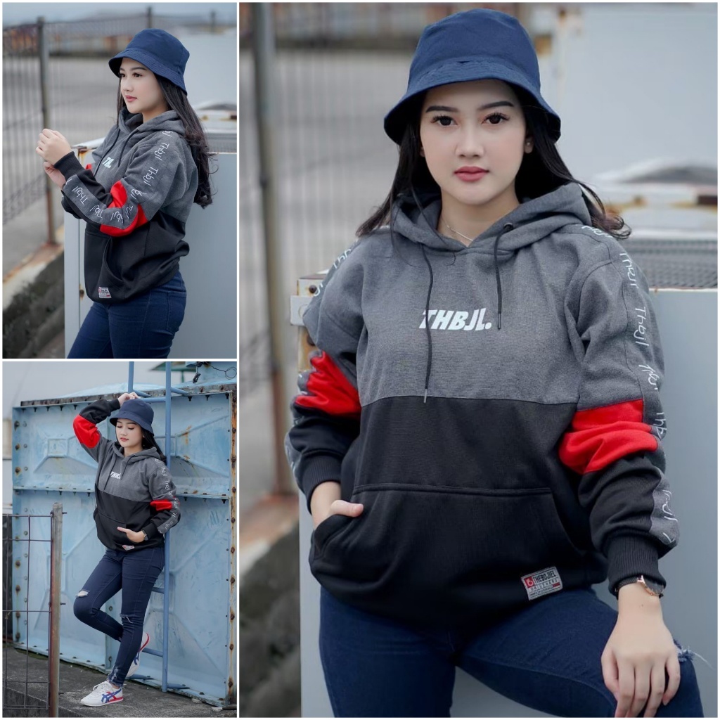 Hoodie Wanita Oversize Tebal Murah Sweater 3D Original Distro Bandung Size M L XL The Bojiel-ABU TUA - HITAM