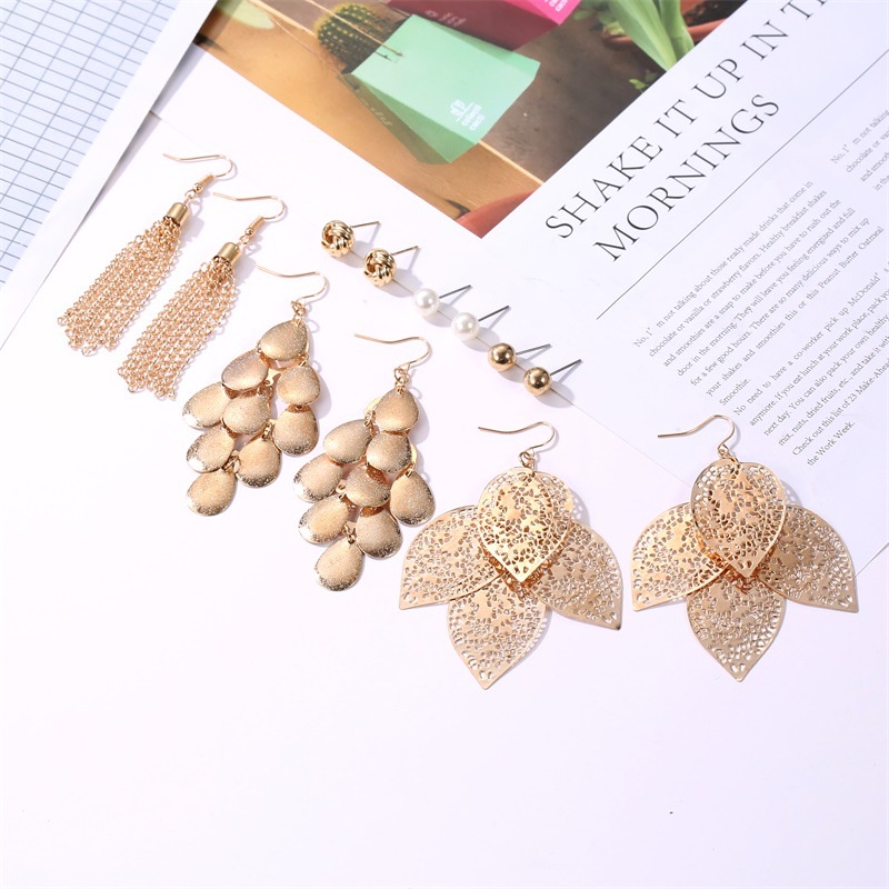 6 Pcs / set Anting Rumbai Desain Daun hollow Aksen Mutiara Gaya Eropa Amerika