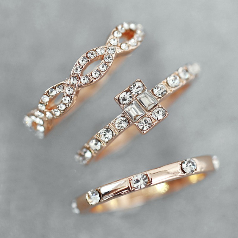 [ACKER] 3Pcs Pesona Cincin Set Kristal Tipis Stackable Eropa Fashion Twisted untuk Wanita Cincin Perhiasan (Ukuran: 6-10)