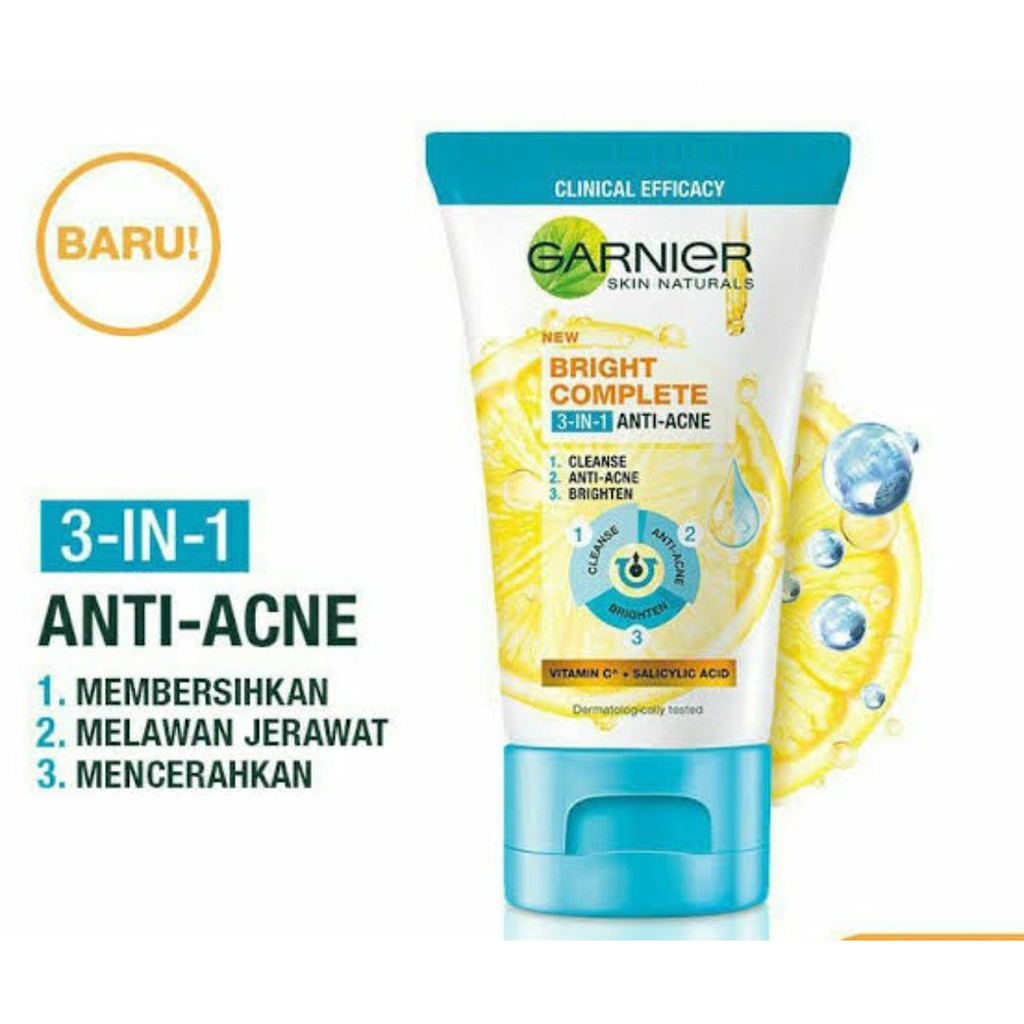 (BOSS) GARNIER Bright Complete 3-in-1 Anti Acne Facial Foam 90ml - Garnier 3 in 1 Anti Acne Foam