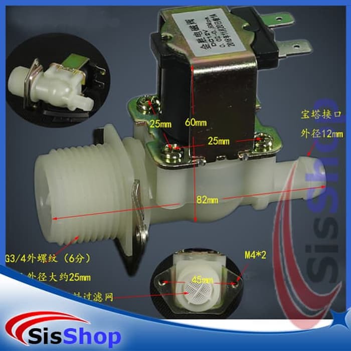 SELENOID VALVE PLASTIK DRAT LURUS 26MM KRAN AIR MESIN CUCI AC 220V