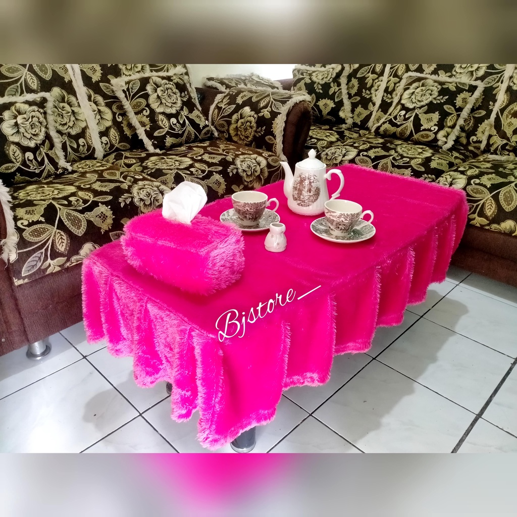 COD 1 KG 3 SET Taplak Meja Rumbai/Rempel Bulu Rasfur PINK