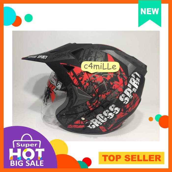 Helm Jpr Spirit Black Doff Red Double Visor Supermoto Semi Cross Trail