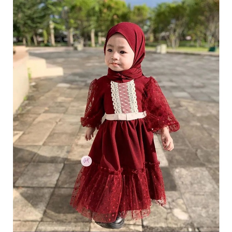 Gamis Anak Usia 3 4 5 tahun 6 7 8 thn Almirna Dress Set Kerudung Bahan Shakila Tile Dot Baju Muslim 