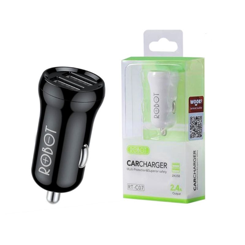 (ROBOT-C7) Car Charger Smart protection Dual Usb + Cable Micro Charger Mobil 2.4A