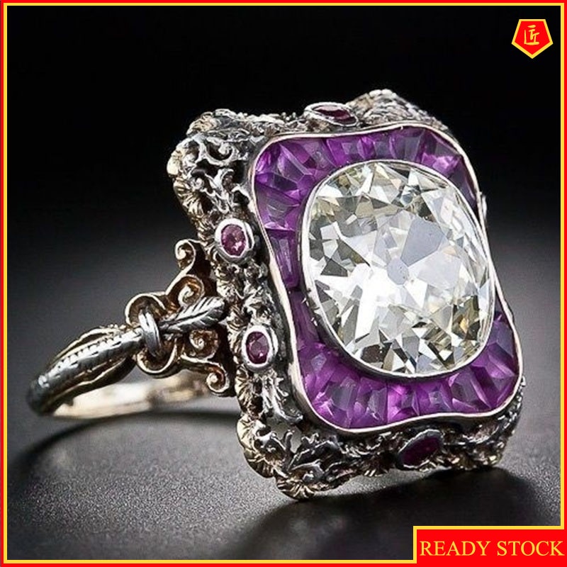 [Ready Stock]Creative Elegant Amethyst Trapezoidal Square Diamond Ring Vintage