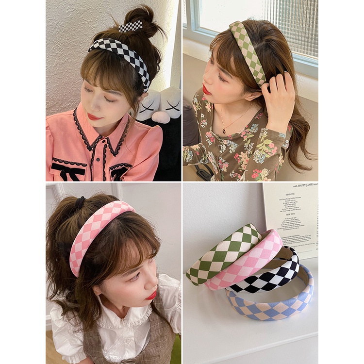BANDO MOTIF KOTAK CATUR GARIS CHECKERED PATTERN BENDO WANITA KOREA LEBAR RETRO VINTAGE PADDED HEADBAND HAIR BAND RAMBUTp