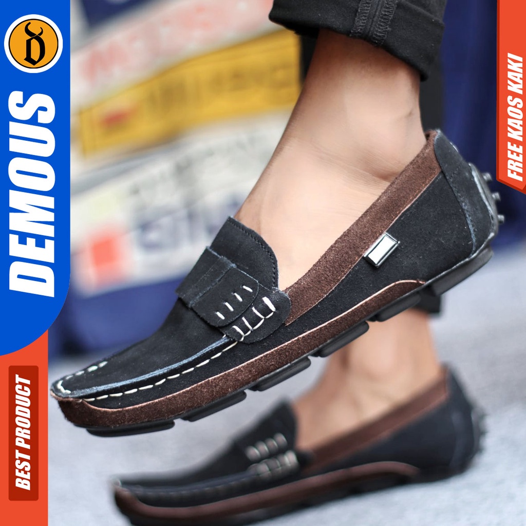 DEMOUS AHARON Sepatu Slip On Casual Slop Kulit Suede Kasual Selop