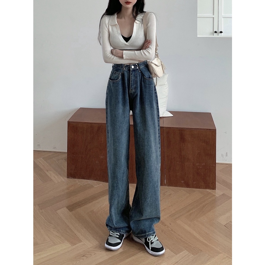 [Diskon khusus]Celana jeans high waist loose korean style celana jeans wanita celana jeans panjang wanita